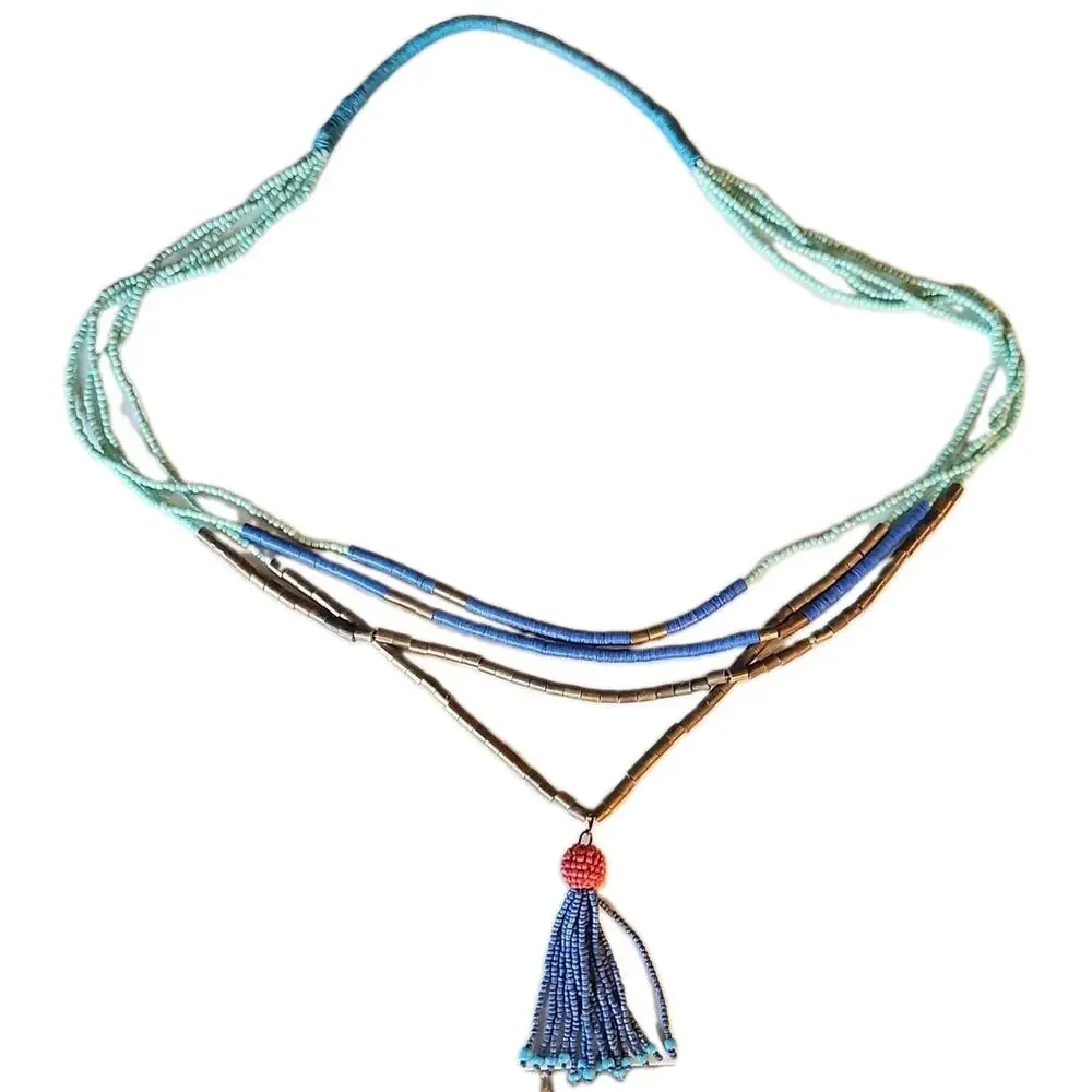 Vintage Native American Beaded Tassel Necklace Blue Disks